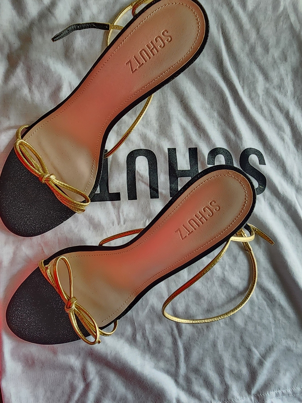 Schutz Black Heeled Sandals with Gold Bow and Ankle Tie - Picture 7 of 10